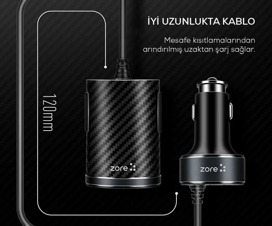 Zore ZR-C502 2+2 Araç Şarj Seti, 4 USB Çıkışlı ve 120 cm Kablo