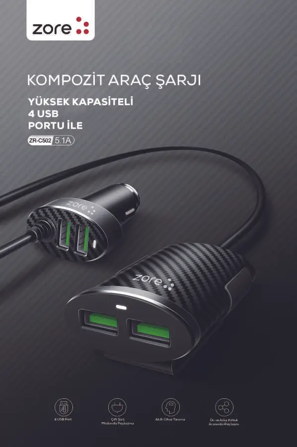 Zore ZR-C502 2+2 Araç Şarj Seti, 4 USB Çıkışlı ve 120 cm Kablo