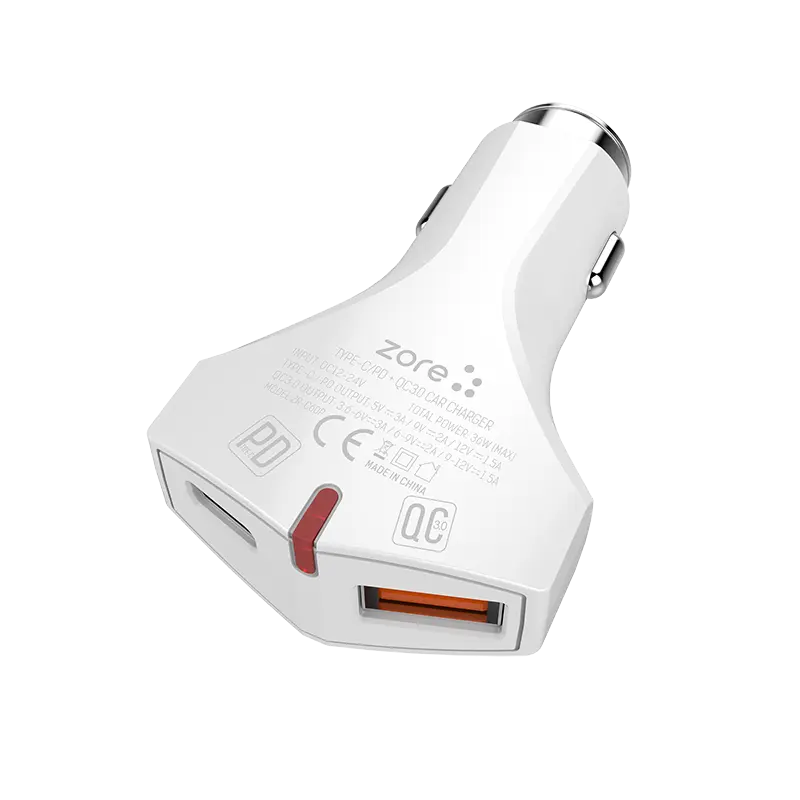 Zore ZR-C60P Type-C 2'si 1 Arada Araç Şarj Seti, 36 W ve QC 3.0