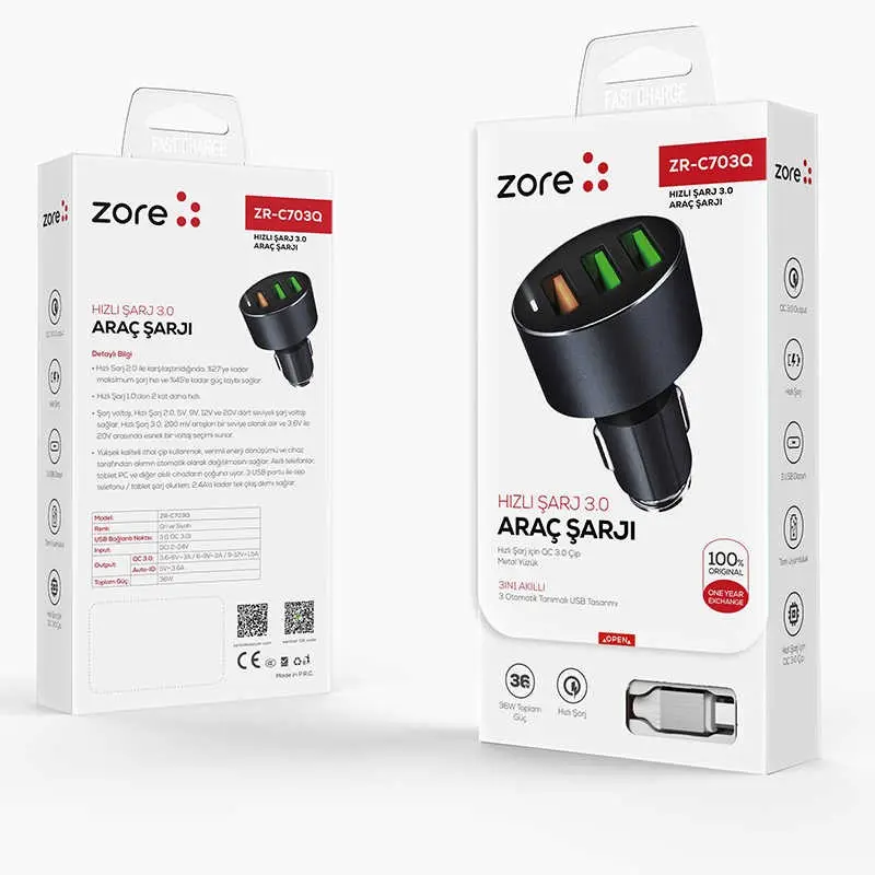 Zore ZR-C703Q Micro 2'si 1 Arada Araç Şarj Seti, 36 W QC 3.0
