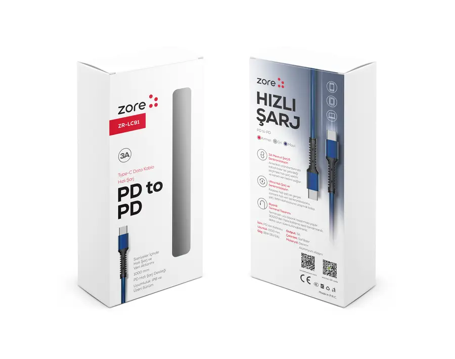 Zore ZR-LC91 USB-C to USB-C PD Şarj ve Data Kablosu, 1 m