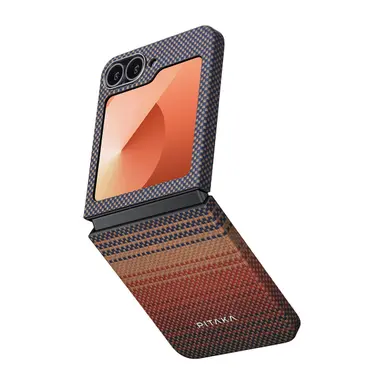 Galaxy Z Flip 6 Kılıf M-safe Şarj Özellikli Aramid Karbon Fiber Pitaka Tactile Woven Sunset-Moonrise Serisi Sunset Kapak