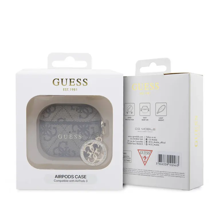 AirPods 3 Kılıf Guess Lisanslı PU Deri 4G Desenli Charm Kapak