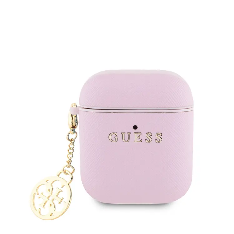 AirPods Uyumlu Dokulu Saffiano Kılıf, Yuvarlak Süs Zincirli - Guess