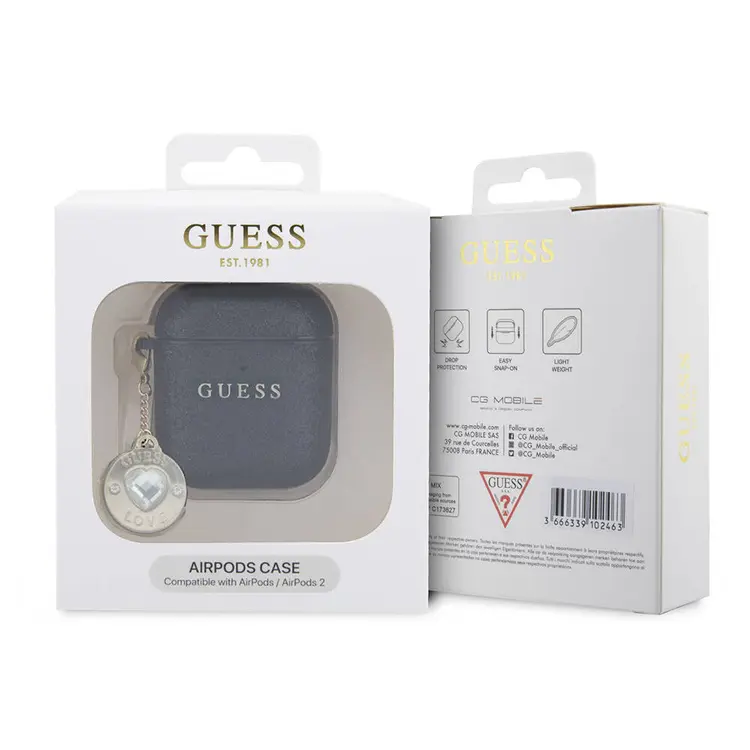 AirPods Uyumlu Glitter Kalp Süs Zincirli Kılıf - Guess Lisanslı