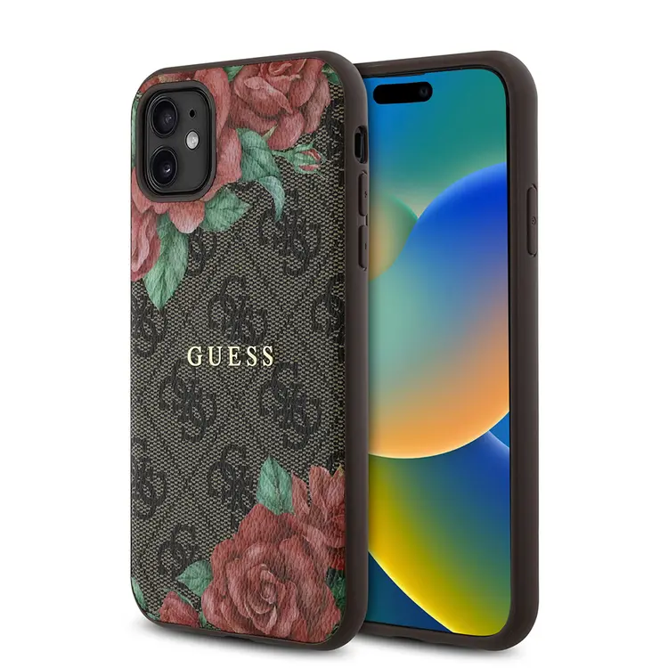 iPhone 11 MagSafe Uyumlu Gül Baskılı Kılıf - Guess 4G Logolu