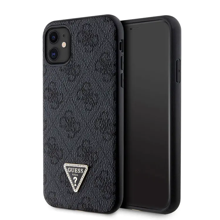 iPhone 11 Kılıf Guess Lisanslı PU Deri Taşlı Üçgen Logo 4G Desenli