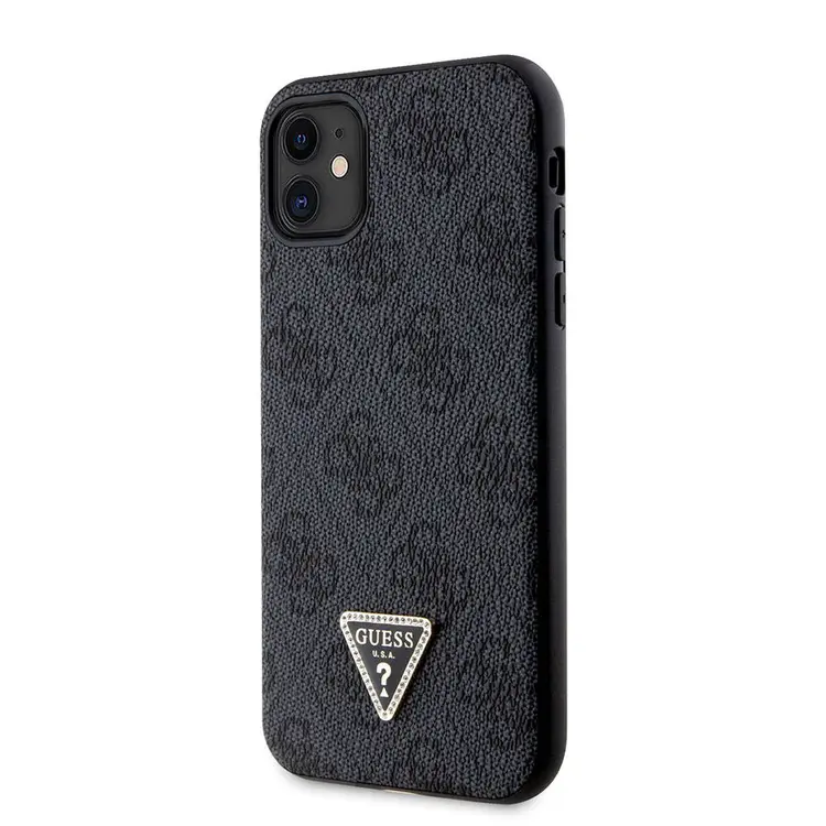 iPhone 11 Kılıf Guess Lisanslı PU Deri Taşlı Üçgen Logo 4G Desenli