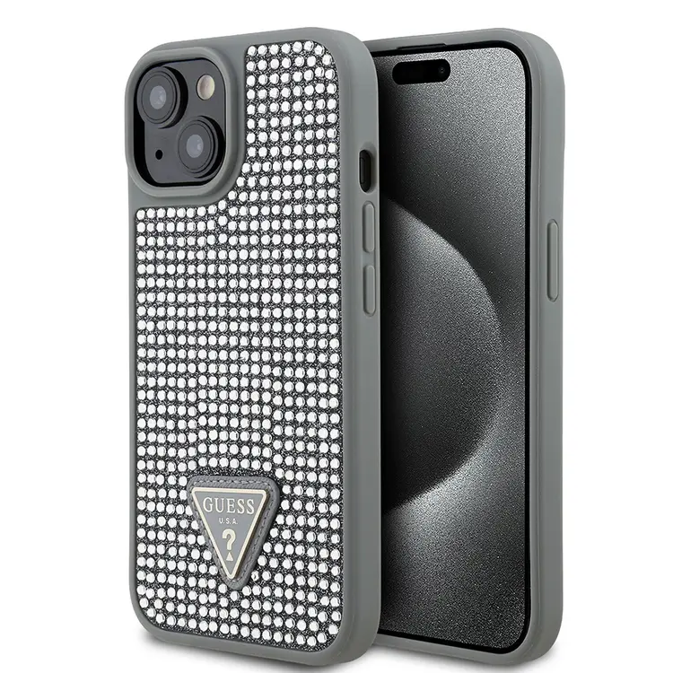 iPhone 14 Taşlı Arka Yüzey Üçgen Logolu Kılıf - Guess Lisanslı