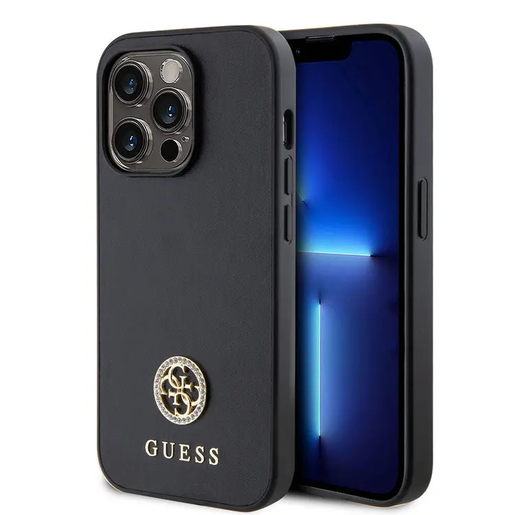 iPhone 14 Pro Max Deri Kılıf, Metal Logo ve Strass Detaylı - Guess 4G