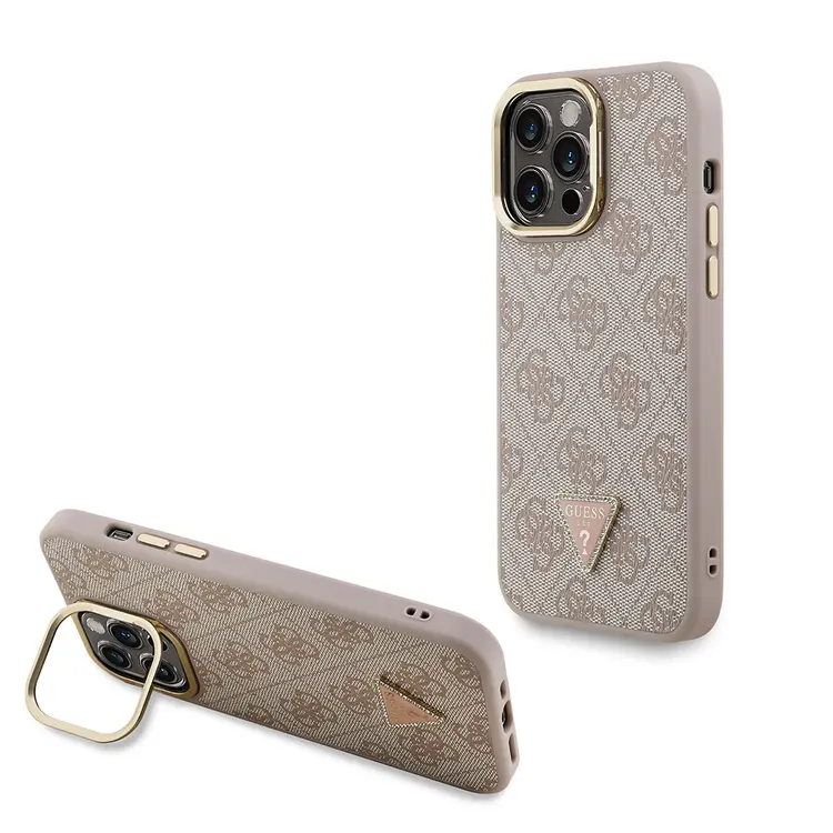 iPhone 14 Pro Max Kamera Standlı Taşlı PU Deri Kılıf - Guess 4G