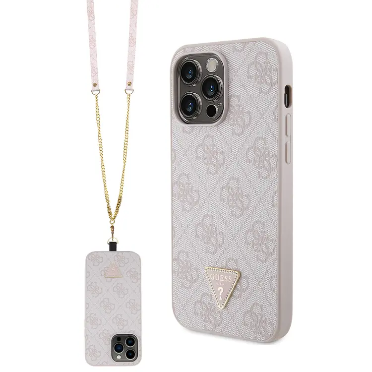 iPhone 14 Pro Max Taşlı Metal Logolu PU Deri Kılıf - Guess 4G