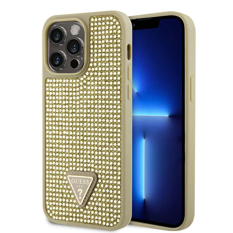 Apple iPhone 14 Pro Max Kılıf Guess Orjinal Lisanslı Taşlı Arka Yüzey Üçgen Logolu Kapak