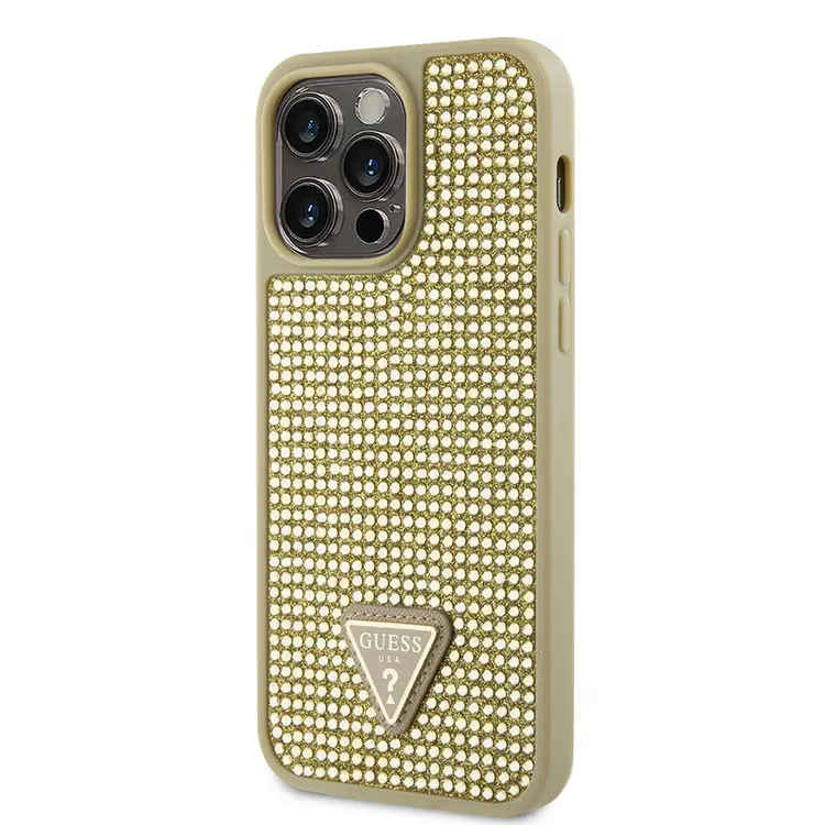 Apple iPhone 14 Pro Max Kılıf Guess Orjinal Lisanslı Taşlı Arka Yüzey Üçgen Logolu Kapak