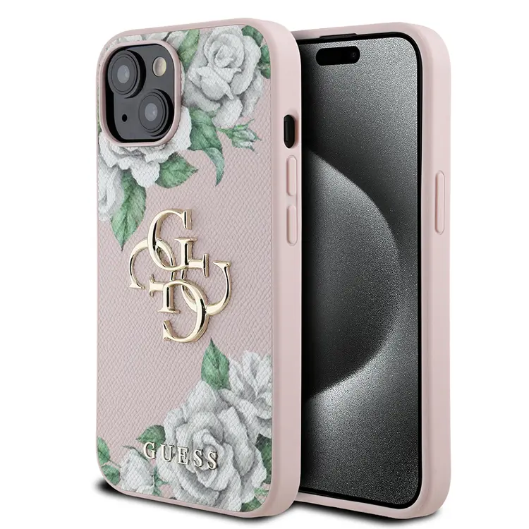 iPhone 15 Lisanslı Gül Baskılı Kılıf, Büyük Metal Logo - Guess