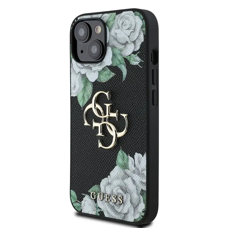 iPhone 15 Lisanslı Gül Baskılı Kılıf, Büyük Metal Logo - Guess
