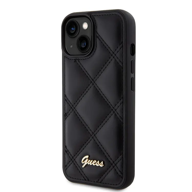 Apple iPhone 15 Kılıf Guess Orjinal Lisanslı PU Deri Metal Yazı Logolu Kapitone Kapak