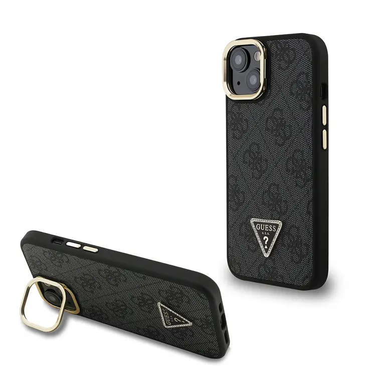 iPhone 15 Kamera Standlı Taşlı Üçgen Logo Kılıf - Guess Lisanslı