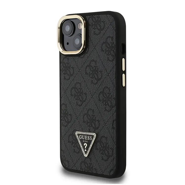 iPhone 15 Kamera Standlı Taşlı Üçgen Logo Kılıf - Guess Lisanslı