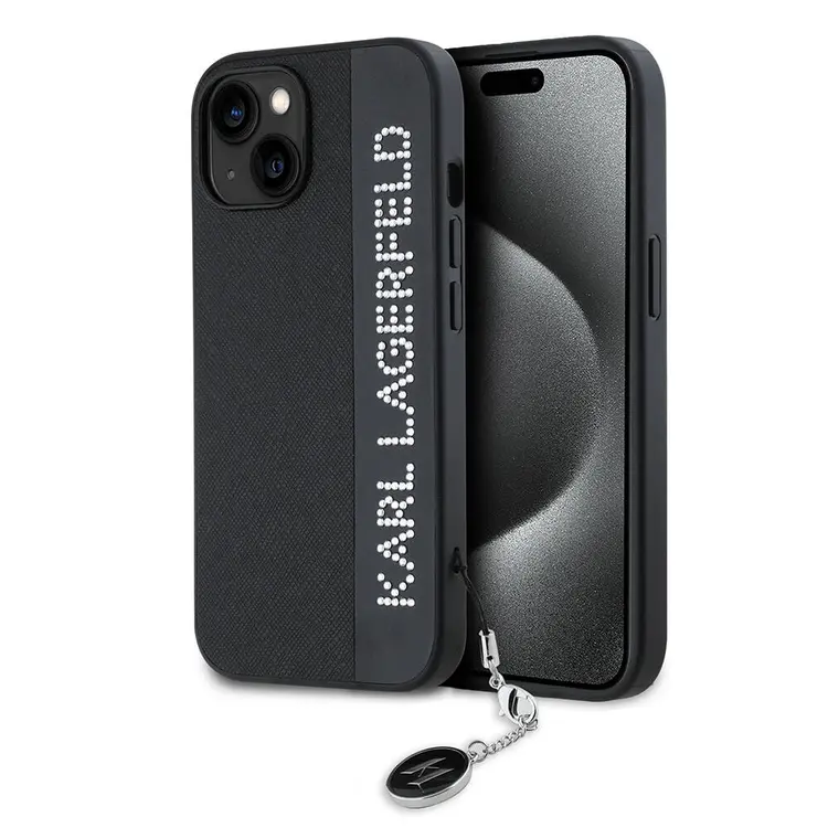 iPhone 15 Uyumlu Taşlı Saffiano Kılıf - Karl Lagerfeld Anahtarlıklı