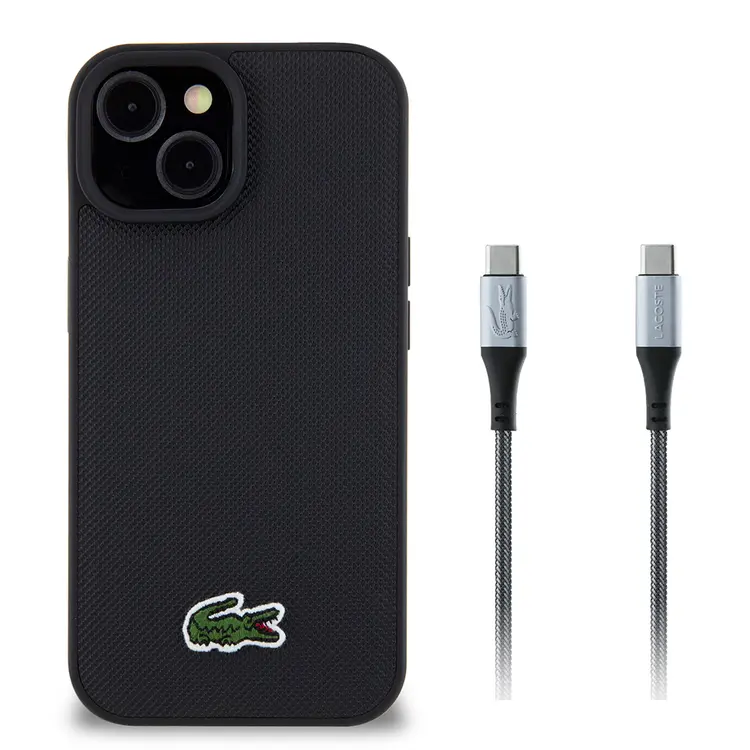 Apple iPhone 15 Kılıf Lacoste Orjinal Lisanslı PU Pike Desenli Arka Yüzey İkonik Timsah Dokuma Logolu Kapak + Type-C Kablo 1.5m