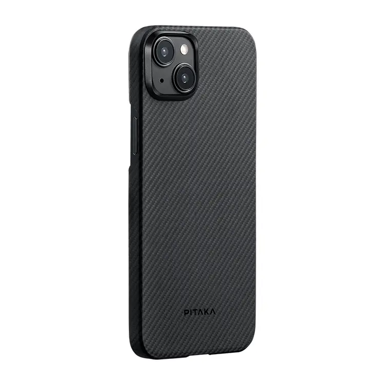 Apple iPhone 15 Plus Kılıf M-safe Şarj Özellikli 600D Aramid Karbon Fiber Pitaka Ultra-Slim Classic Serisi Black-Grey Twill Kapak