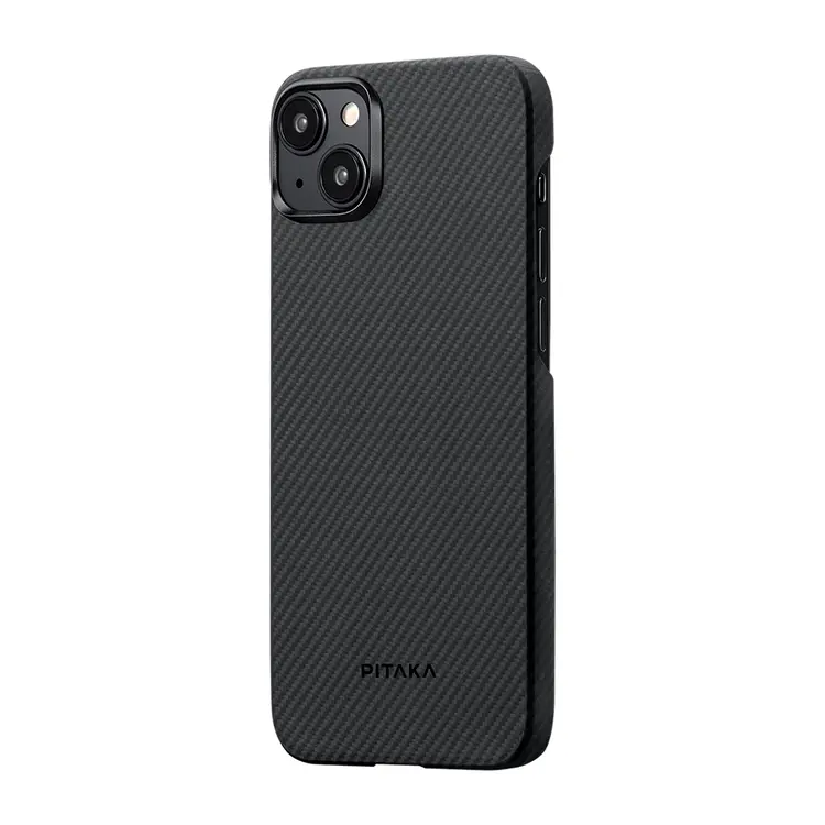 Apple iPhone 15 Plus Kılıf M-safe Şarj Özellikli 600D Aramid Karbon Fiber Pitaka Ultra-Slim Classic Serisi Black-Grey Twill Kapak