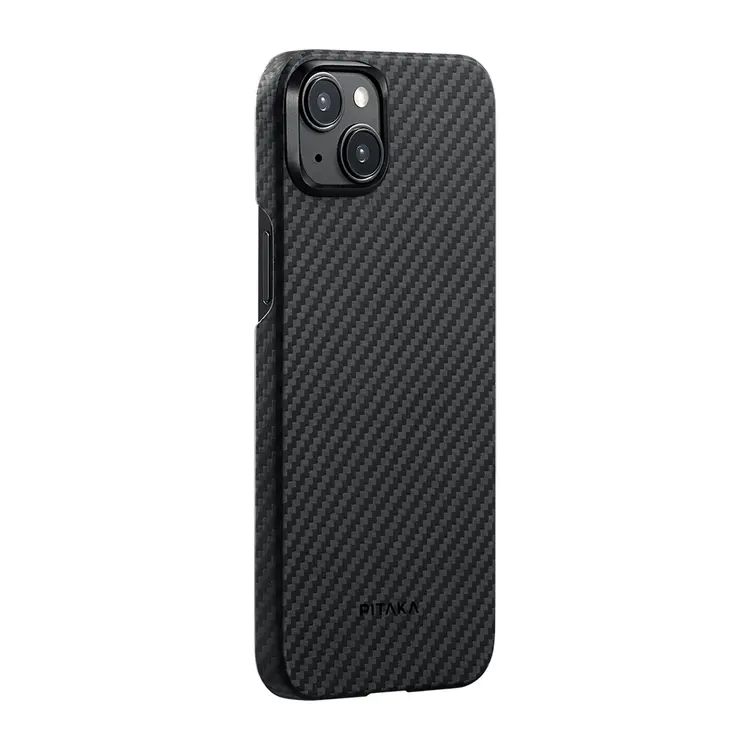 Apple iPhone 15 Plus Kılıf M-safe Şarj Özellikli 1500D Aramid Karbon Fiber Pitaka Ultra-Slim Classic Serisi Black-Grey Twill Kapak