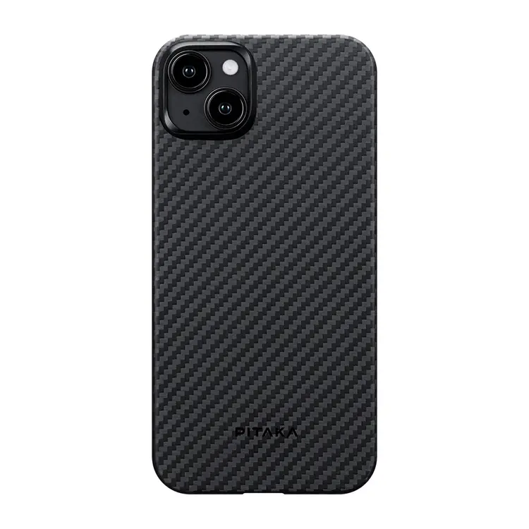 Apple iPhone 15 Plus Kılıf M-safe Şarj Özellikli 1500D Aramid Karbon Fiber Pitaka Ultra-Slim Classic Serisi Black-Grey Twill Kapak
