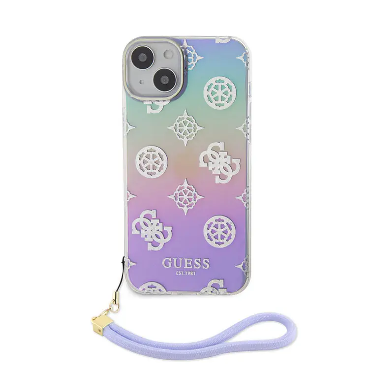 iPhone 15 Plus Askı İpli Holografik Glitter Kılıf - Guess Peony