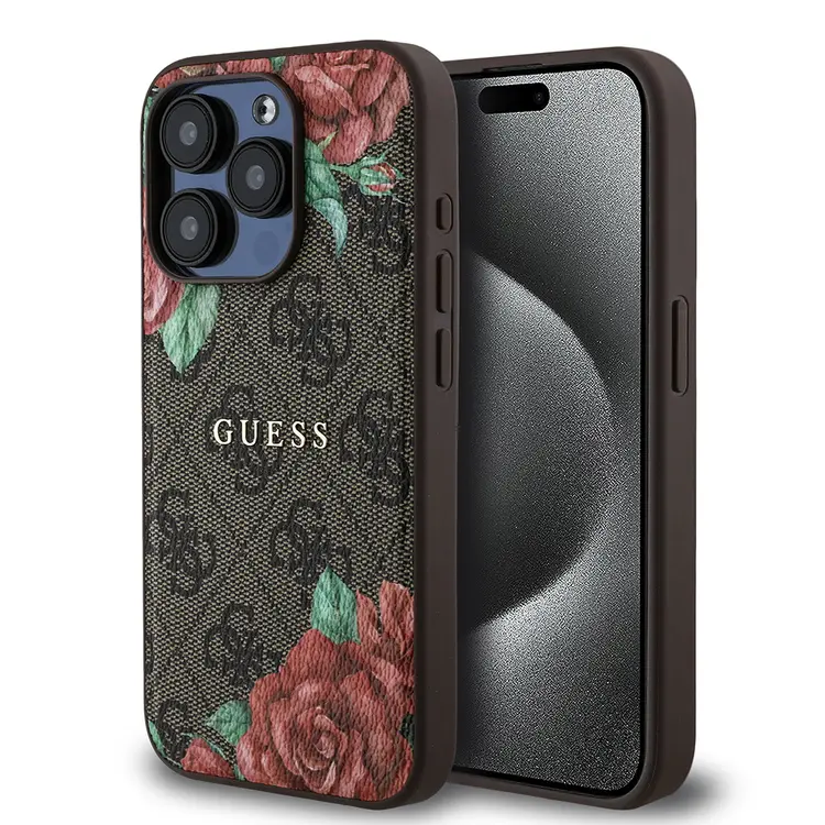 iPhone 15 Pro MagSafe Uyumlu Gül Baskılı Kılıf - Guess 4G Logolu