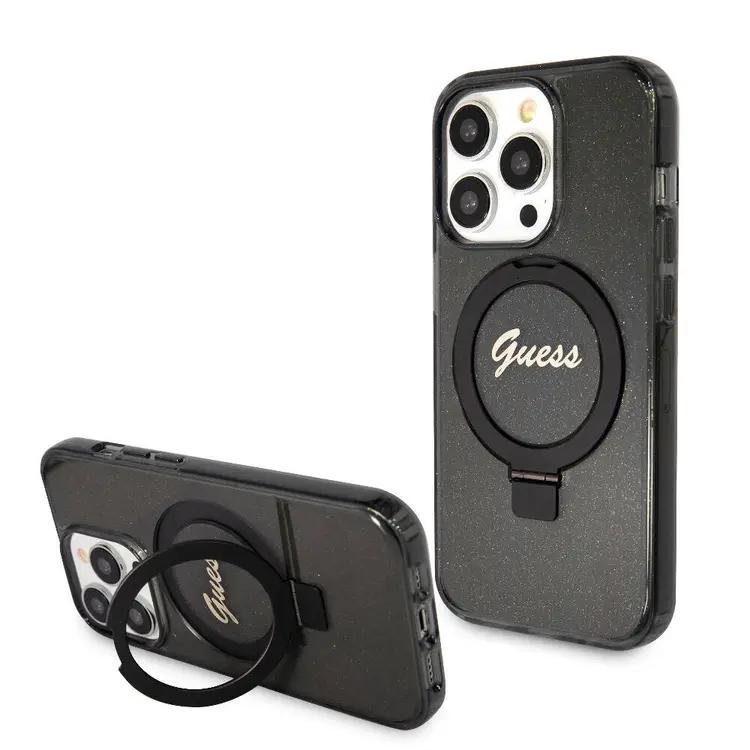 iPhone 15 Pro MagSafe Uyumlu Simli Arka Yüzey Ring Standlı Kılıf - Guess
