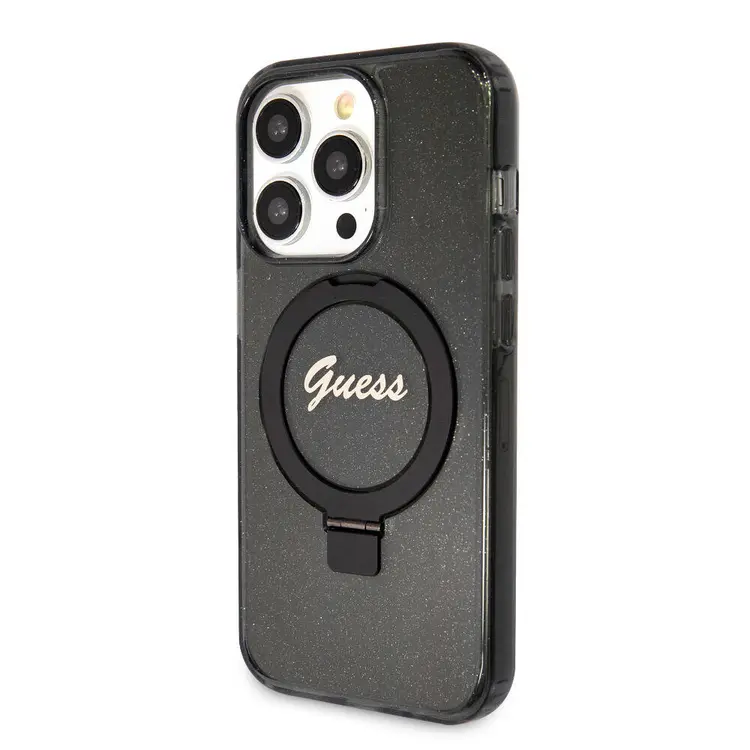 iPhone 15 Pro MagSafe Uyumlu Simli Arka Yüzey Ring Standlı Kılıf - Guess
