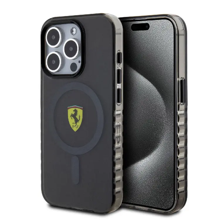 Apple iPhone 15 Pro Kılıf Ferrari Orjinal Lisanslı M-safe Şarj Özellikli Tırtıklı Kenar Tasarımlı Ortalanmış Logo Kapak