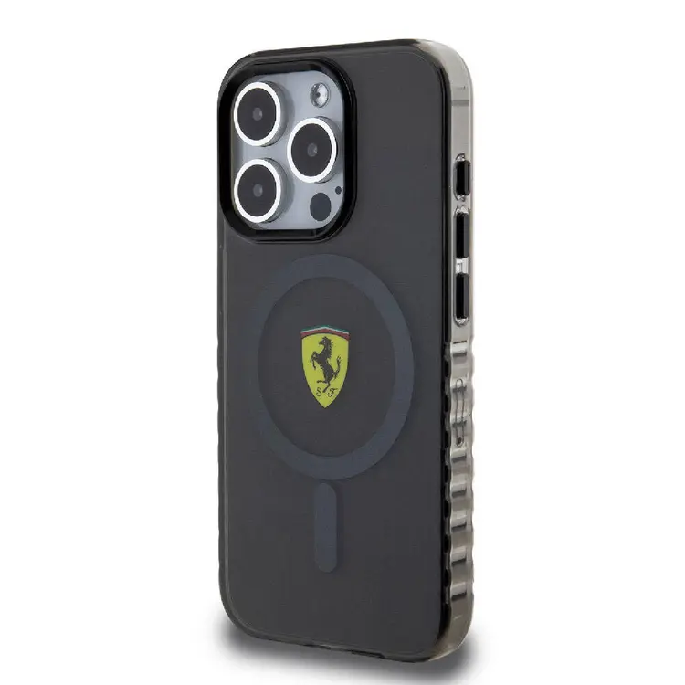 Apple iPhone 15 Pro Kılıf Ferrari Orjinal Lisanslı M-safe Şarj Özellikli Tırtıklı Kenar Tasarımlı Ortalanmış Logo Kapak