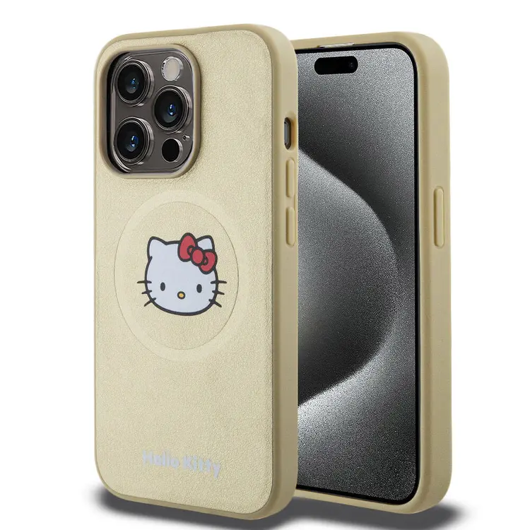 Apple iPhone 15 Pro Kılıf Hello Kitty Orjinal Lisanslı M-safe Şarj Özellikli Kitty Head Deri Kapak