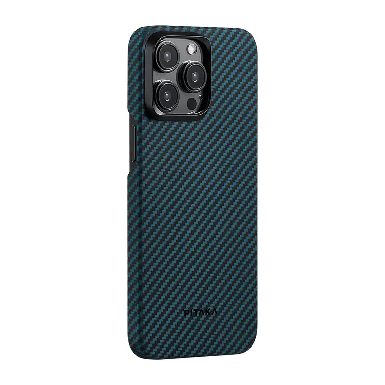 Apple iPhone 15 Pro Kılıf M-safe Şarj Özellikli 1500D Aramid Karbon Fiber Pitaka Ultra-Slim Classic Serisi Black-Blue Twill Kapak