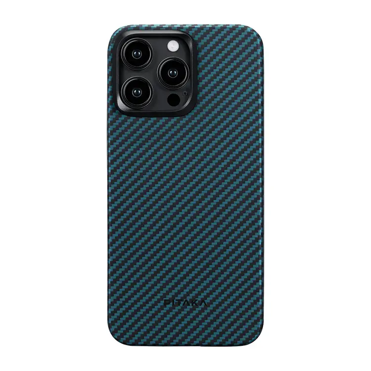Apple iPhone 15 Pro Kılıf M-safe Şarj Özellikli 1500D Aramid Karbon Fiber Pitaka Ultra-Slim Classic Serisi Black-Blue Twill Kapak