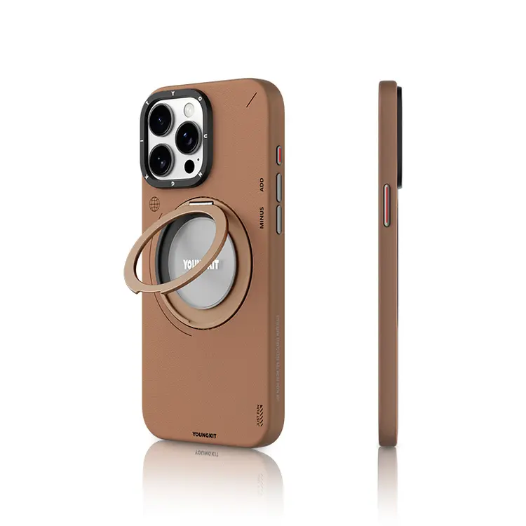 iPhone 15 Pro MagSafe Uyumlu 360° Standlı Mat Deri Kılıf - Youngkit Tech Leather
