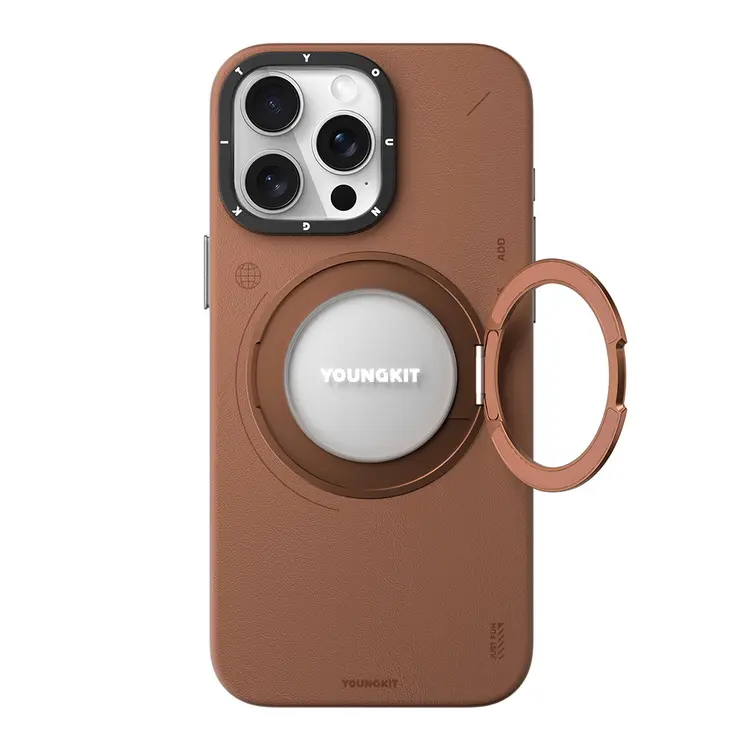 iPhone 15 Pro MagSafe Uyumlu 360° Standlı Mat Deri Kılıf - Youngkit Tech Leather