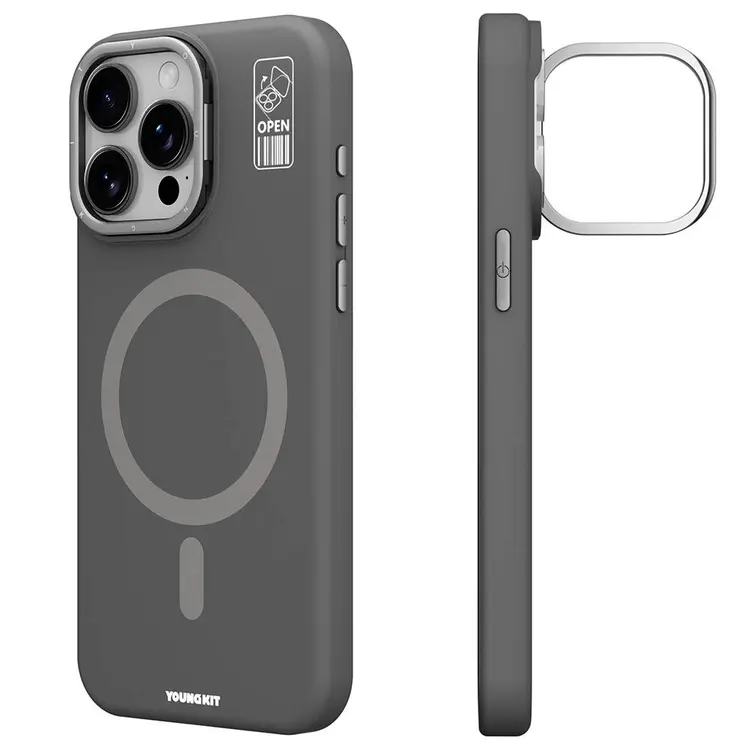 iPhone 15 Pro MagSafe Uyumlu Kamera Standlı Silikon Kılıf - Youngkit Bitty Cream