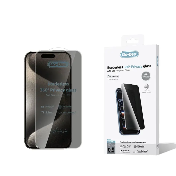 iPhone 15 Pro Max Gizlilik Filtreli Temperli Cam Ekran Koruyucu - Go Des AF Borderless