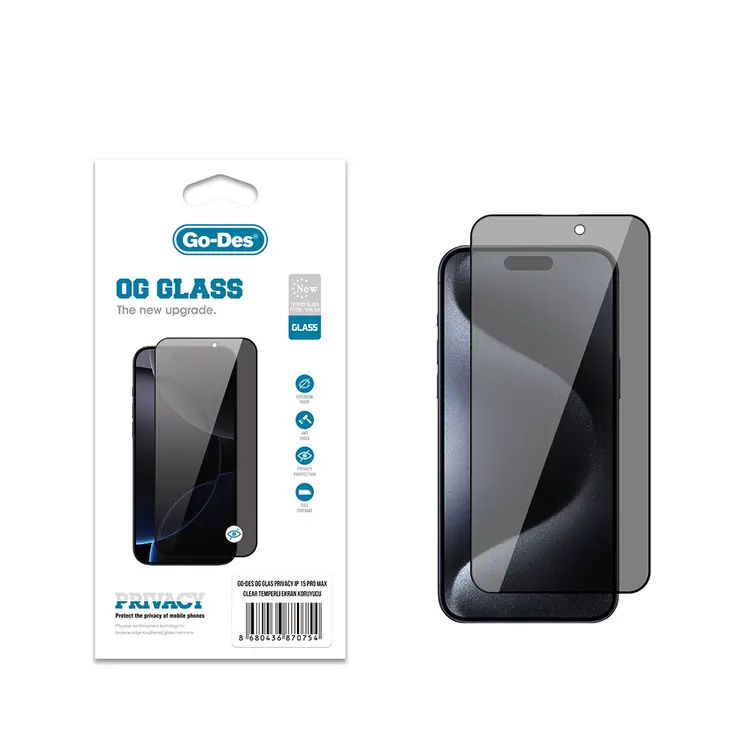 iPhone 15 Pro Max Gizlilik Filtreli Temperli Cam Ekran Koruyucu - Go Des OG Glass Privacy