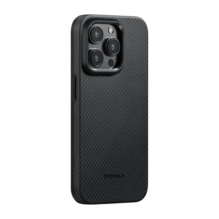 Apple iPhone 15 Pro Max Kılıf M-safe Şarj Özellikli 600D Aramid Karbon Fiber Pitaka Military-Grade Classic Serisi Black-Grey Twill Kapak