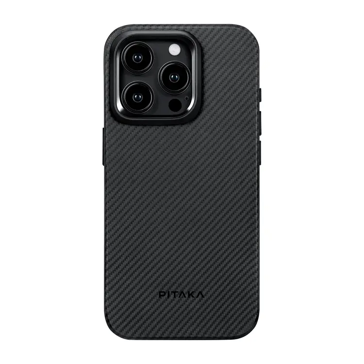 Apple iPhone 15 Pro Max Kılıf M-safe Şarj Özellikli 600D Aramid Karbon Fiber Pitaka Military-Grade Classic Serisi Black-Grey Twill Kapak