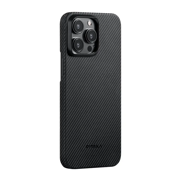 Apple iPhone 15 Pro Max Kılıf M-safe Şarj Özellikli 600D Aramid Karbon Fiber Pitaka Ultra-Slim Classic Serisi Black-Grey Twill Kapak