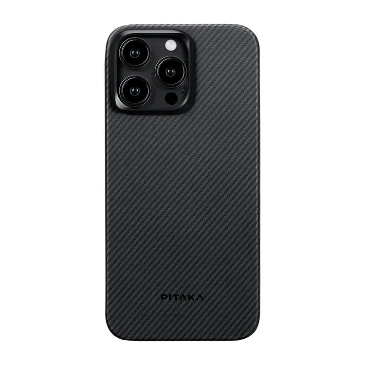Apple iPhone 15 Pro Max Kılıf M-safe Şarj Özellikli 600D Aramid Karbon Fiber Pitaka Ultra-Slim Classic Serisi Black-Grey Twill Kapak