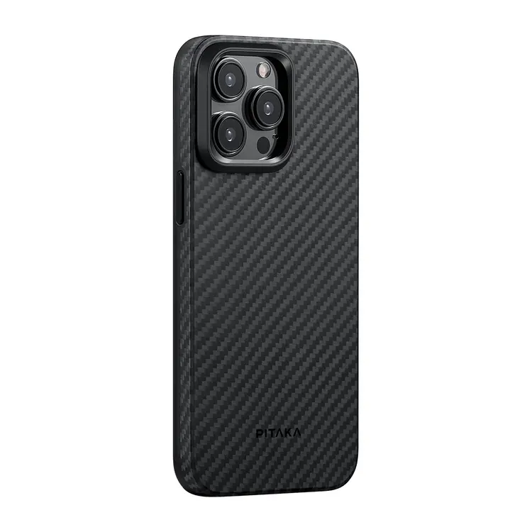 Apple iPhone 15 Pro Max Kılıf M-safe Şarj Özellikli 1500D Aramid Karbon Fiber Pitaka Military-Grade Classic Serisi Black-Grey Twill Kapak