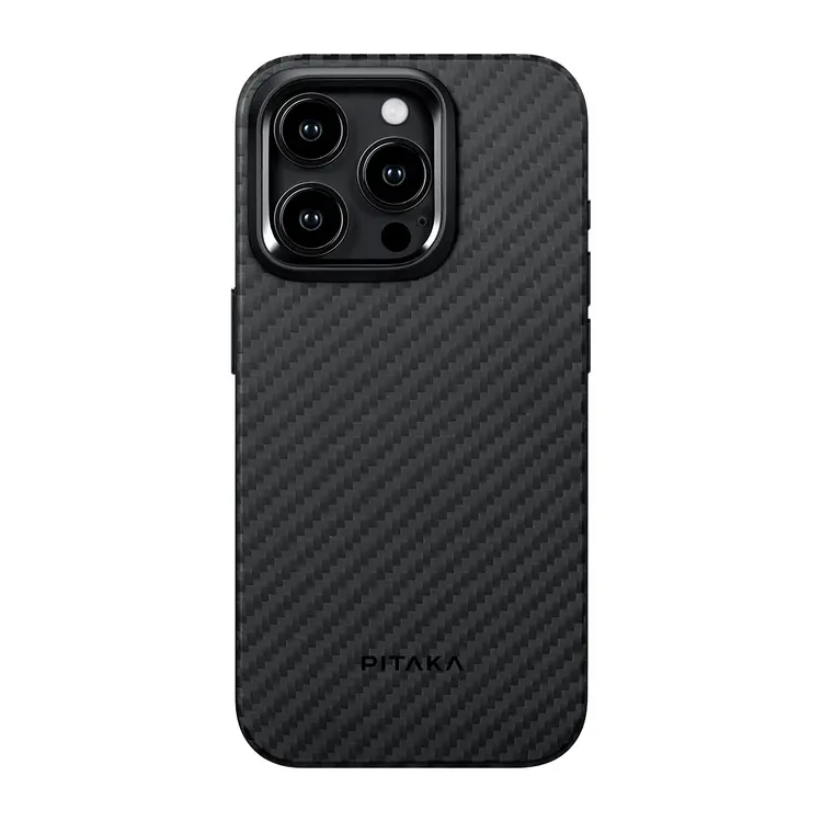 Apple iPhone 15 Pro Max Kılıf M-safe Şarj Özellikli 1500D Aramid Karbon Fiber Pitaka Military-Grade Classic Serisi Black-Grey Twill Kapak