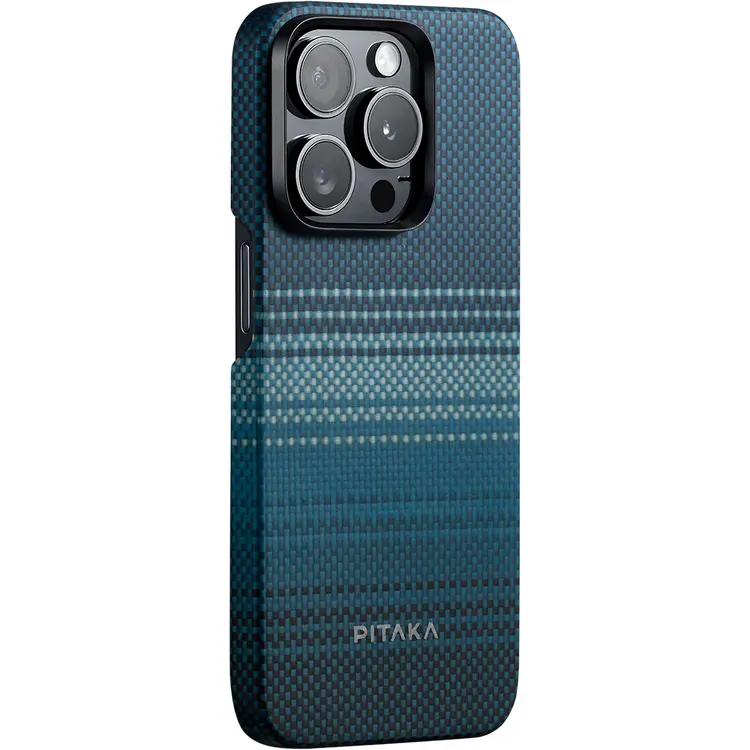 Apple iPhone 15 Pro Max Kılıf M-safe Şarj Özellikli Aramid Karbon Fiber Pitaka Tactile Woven Sunset-Moonrise Serisi Moonrise Kapak